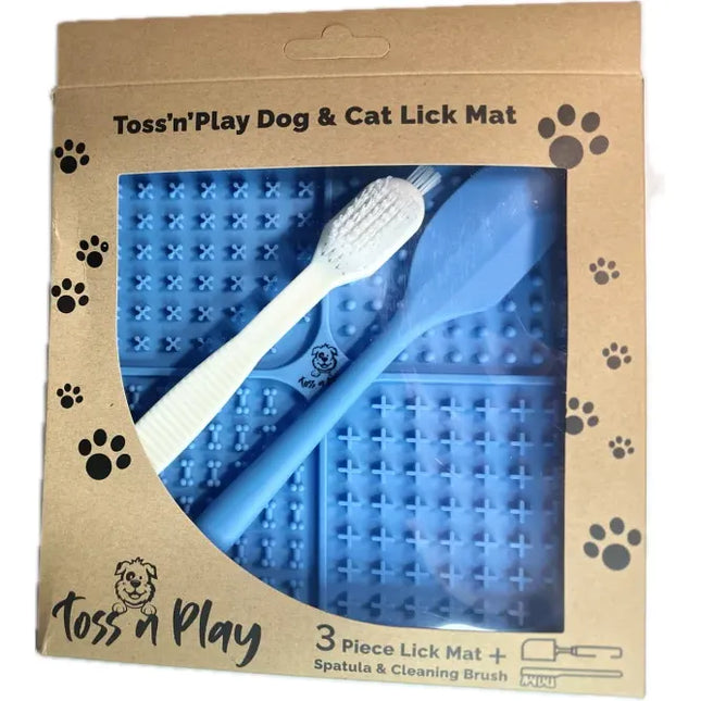 Toss n Play 3 Piece Lick Mat + Spatula & Cleaning Brush - Blue